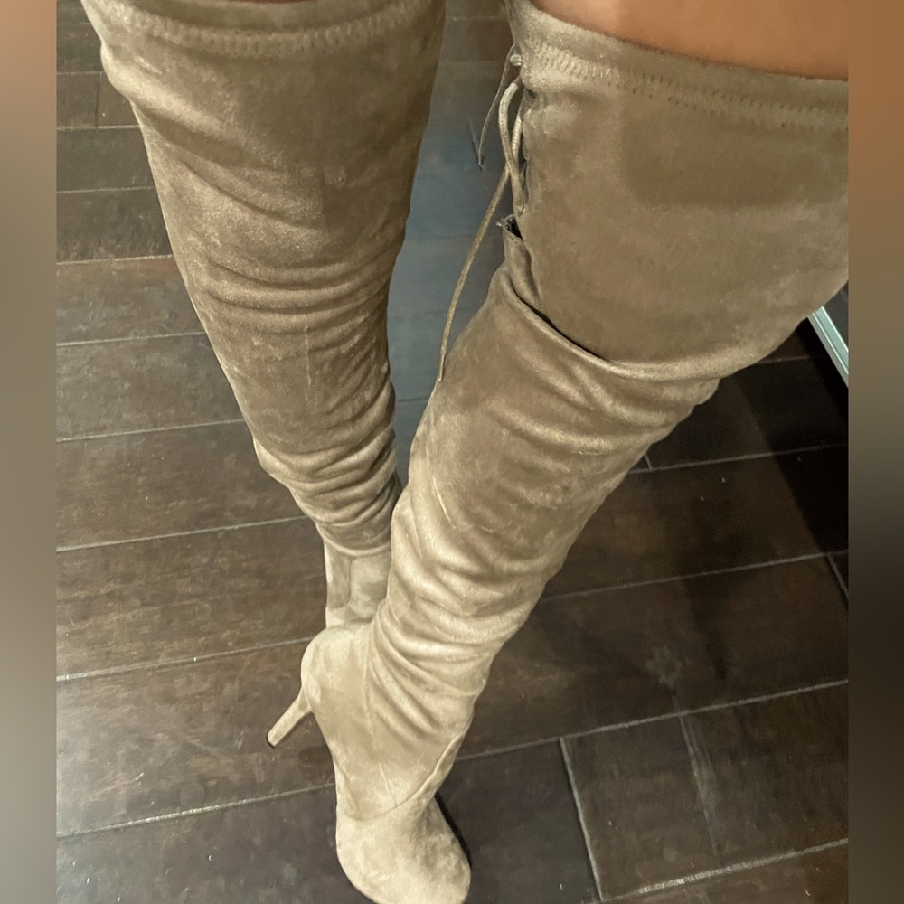 grayish brown over the knee heel boot